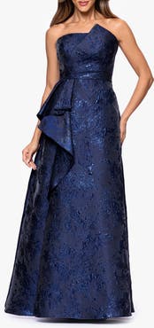 Xscape Evenings Metallic Brocade Asymmetric Strapless Gown