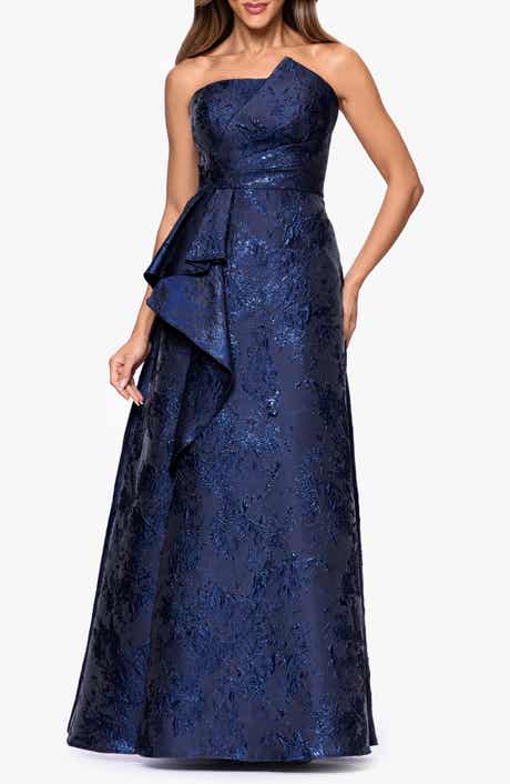 Metallic Brocade Asymmetric Strapless Gown