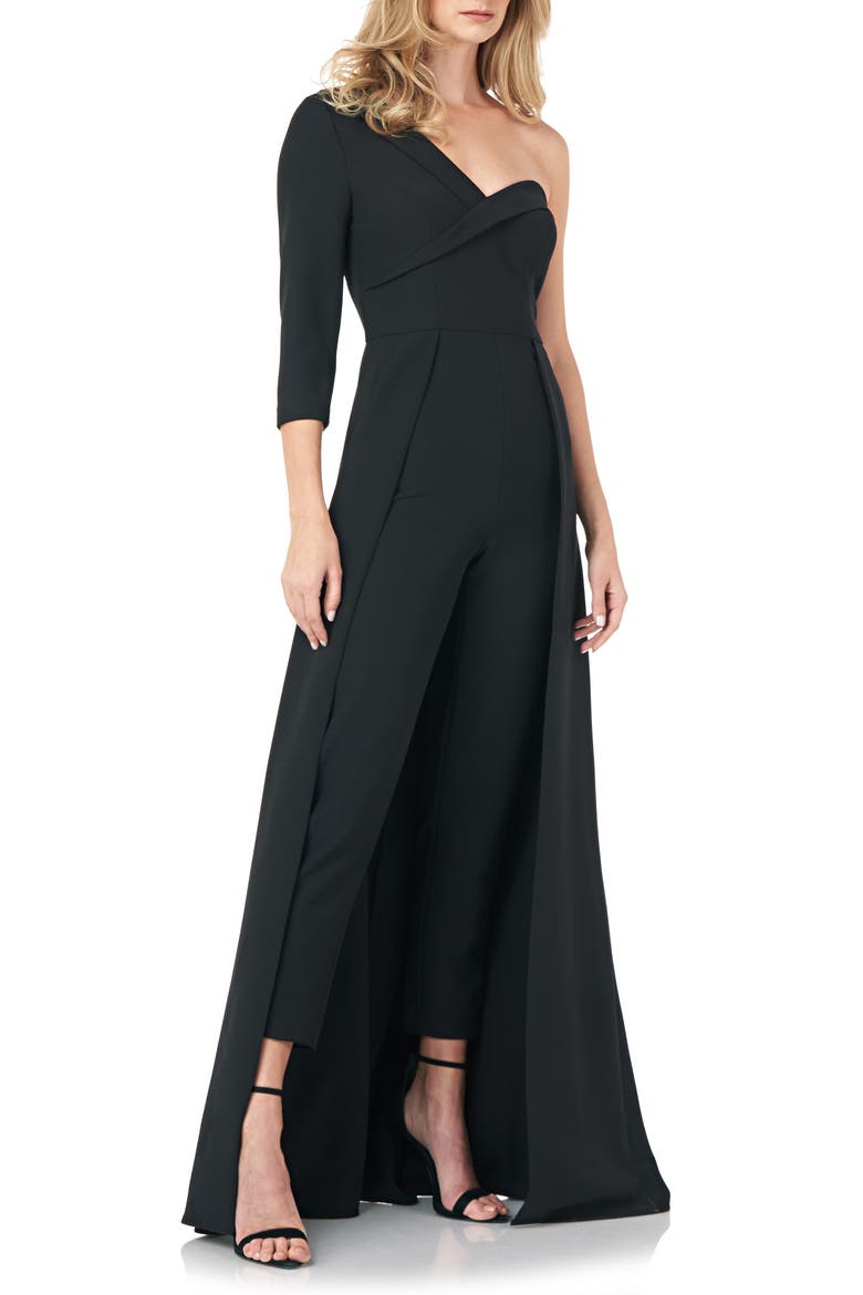 One Shoulder Stretch Crepe Maxi Romper, Alternate, color, BLACK
