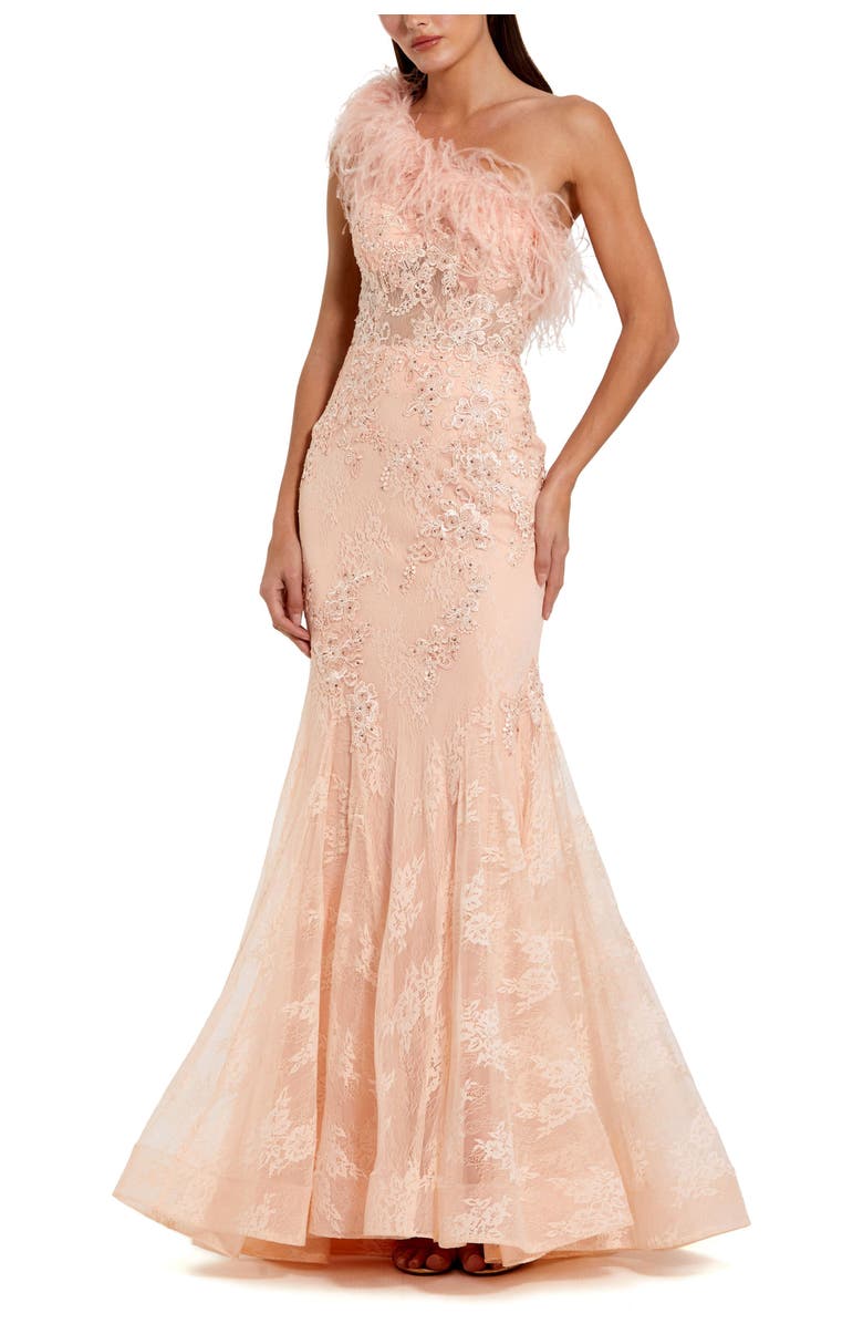 Mac Duggal One Shoulder Feather Embellished Mermaid Gown, Main, color, Peach