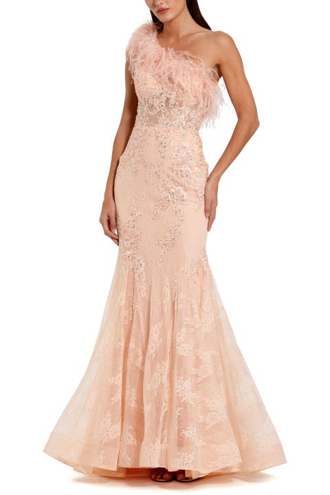 One Shoulder Feather Embellished Mermaid Gown