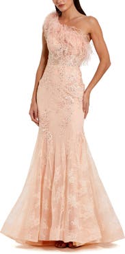 Mac Duggal One Shoulder Feather Embellished Mermaid Gown