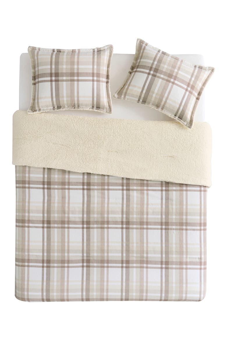 Plaid Flannel & Faux Shearling 3-Piece Comforter & Shams Set, Main, color, TAUPE