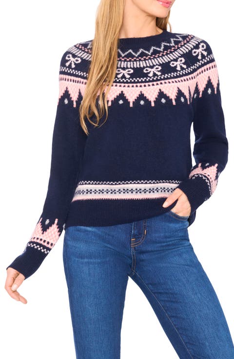 Bow Fair Isle Ribbon Detail Crewneck Sweater