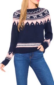 CeCe Bow Fair Isle Ribbon Detail Crewneck Sweater