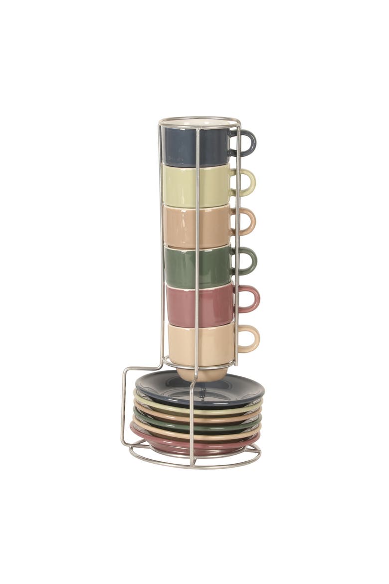 Sensations Stoneware Espresso Cup Set with Metal Rack, Alternate, color, MultiColors