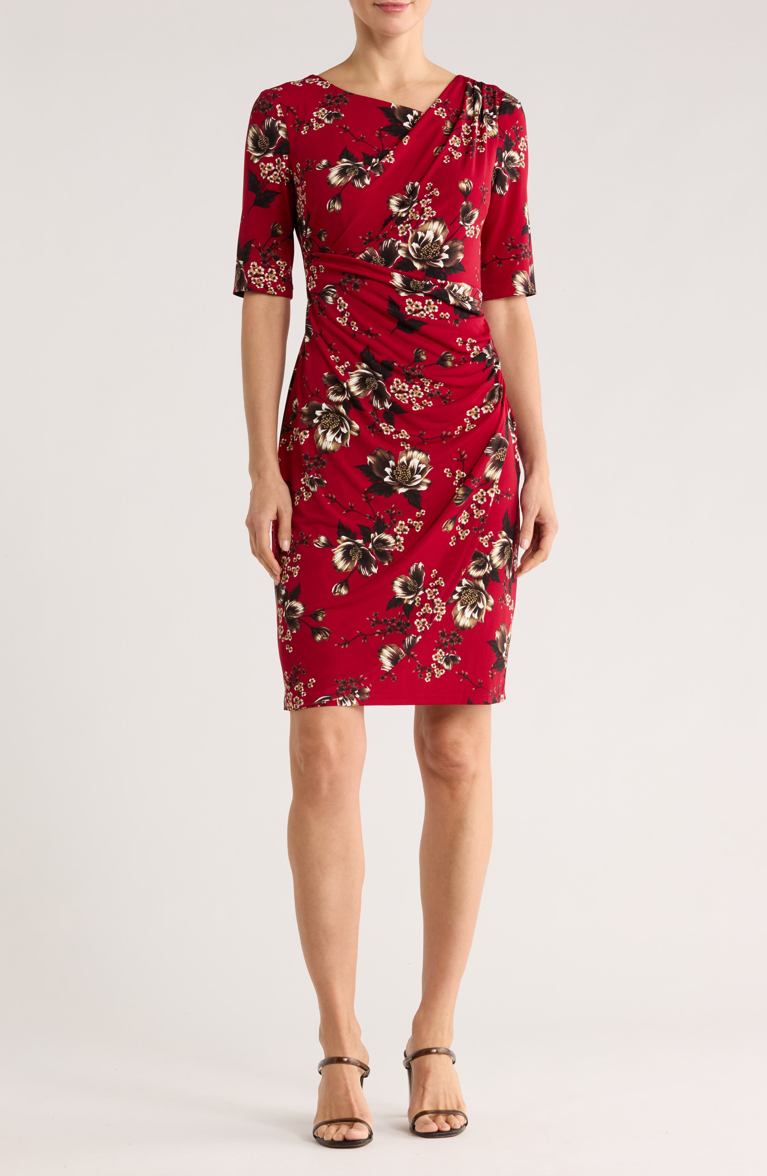 Connected Apparel Floral Shirred Waist Knit Dress