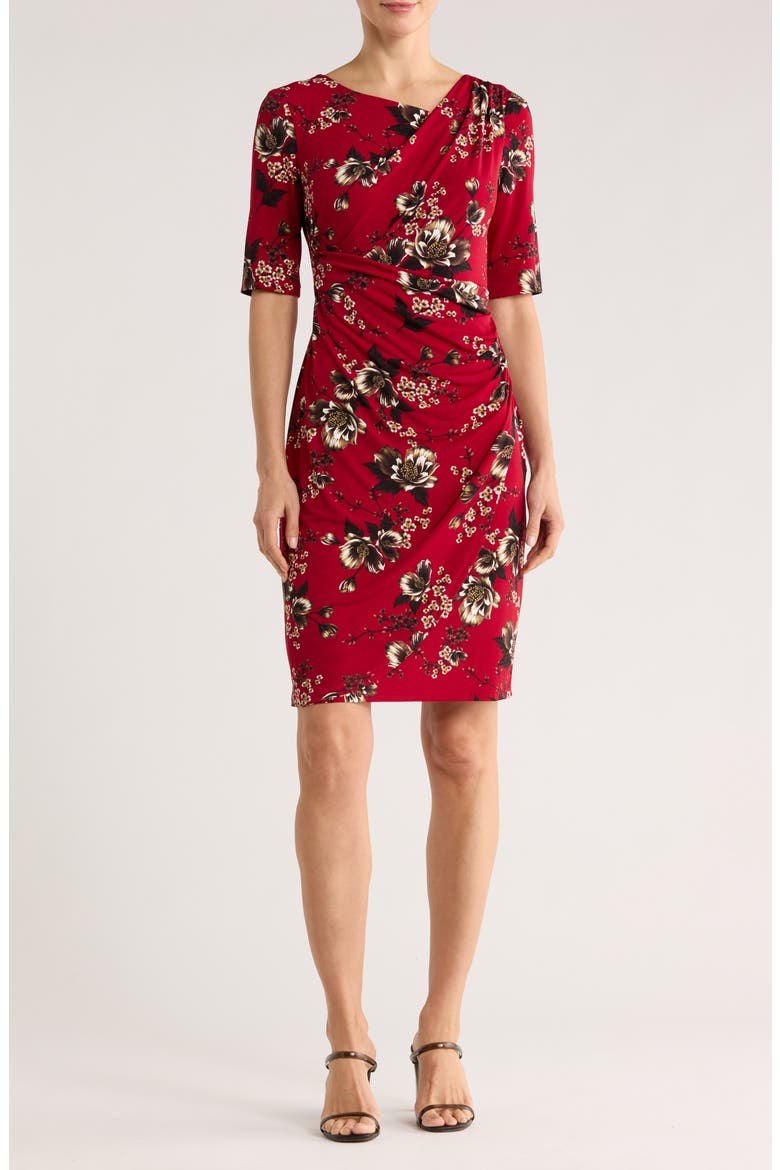 Floral Shirred Waist Knit Dress, Main, color, CRIMSON