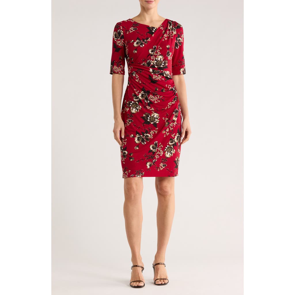 Connected Apparel Floral Shirred Waist Knit Dress In Red