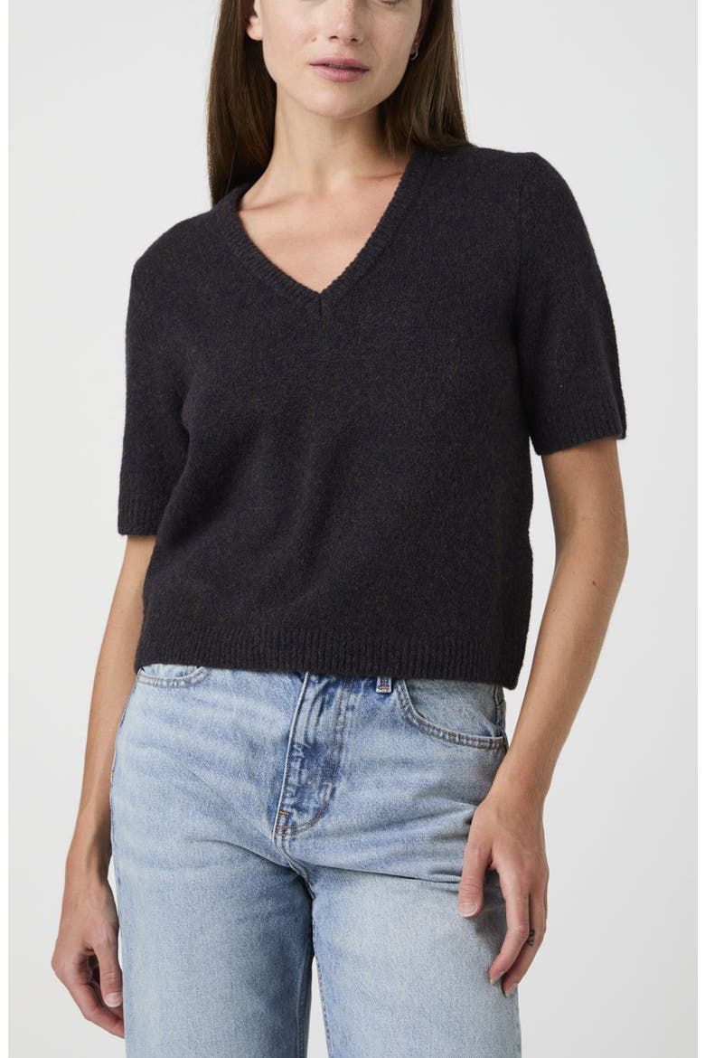 Short Sleeved V Neck Sweater, Alternate, color, BLACK