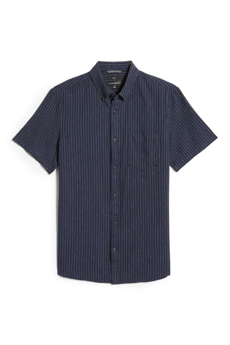 Linen Blend Short Sleeve Button-Down Shirt, Alternate, color, NAVY WHITE PINSTRIPES