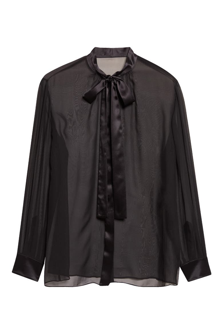 Silk Chiffon Tie Neck Button-Up Shirt, Alternate, color, NERO