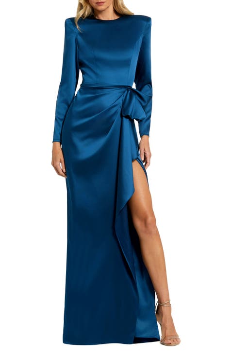 Long Sleeve Structured Bow Draped Column Gown