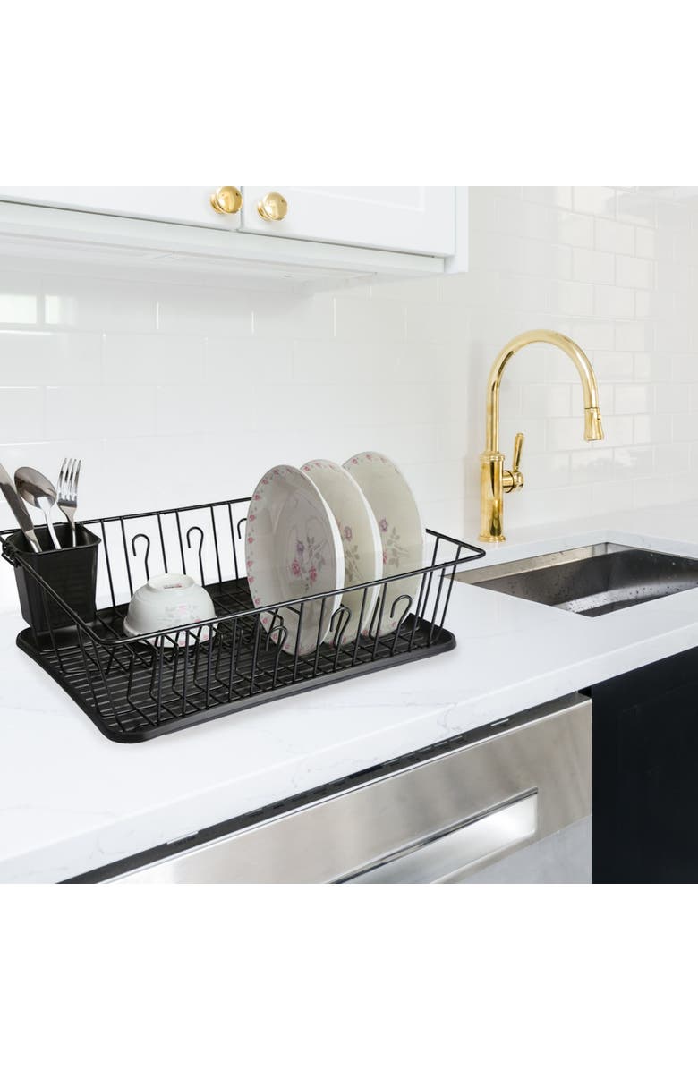 Megachef 17.5 Inch Dish Rack with 14 Plate Positioners and a Detachable Utensil Holder, Alternate, color, Black