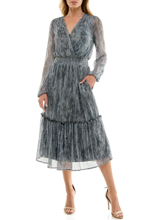 Metallic Long Sleeve Tiered Chiffon Midi Dress