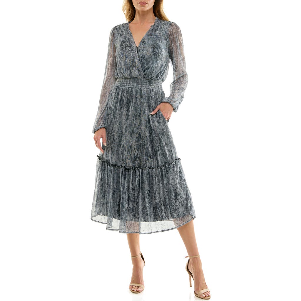 Socialite Metallic Long Sleeve Tiered Chiffon Midi Dress In Gray