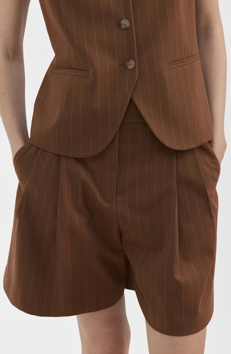 MANGO Pleated Pinstripe Straight Fit Bermuda Shorts, Main, color, Caramel