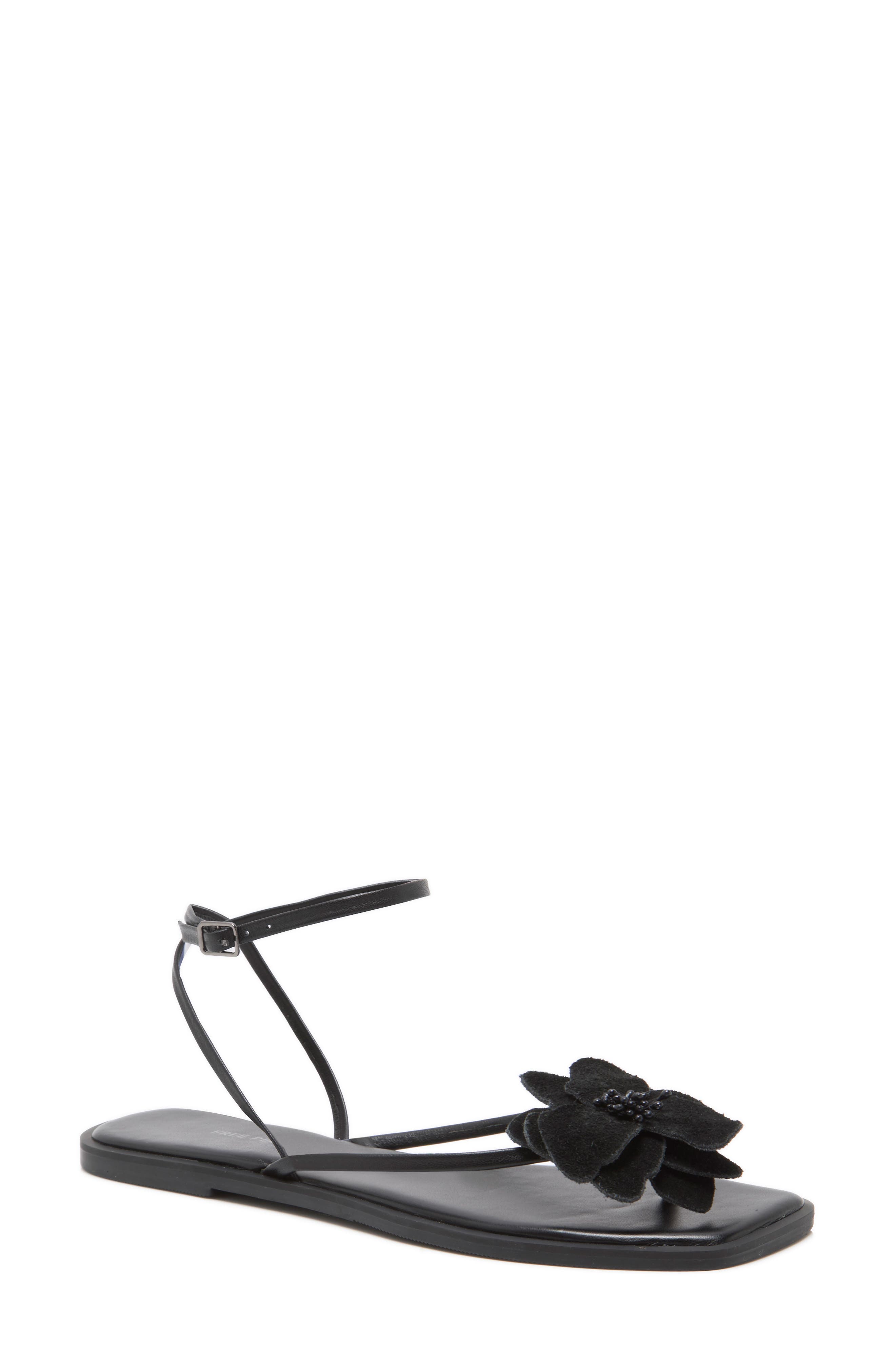 Free People Mismatched Magnolia Appliqué Ankle Strap Sandal, Main, color, Black Tide Leather