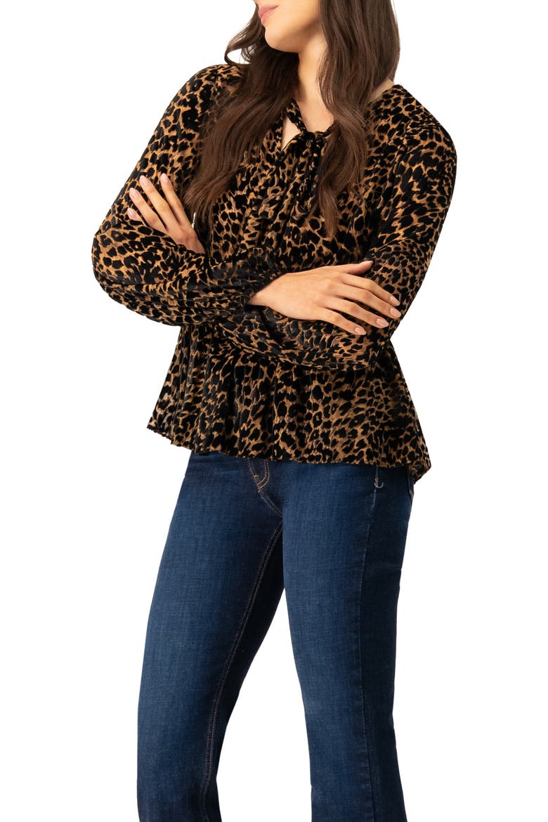 V-Neck Animal Print Blouse With Velvet Flock, Alternate, color, Black