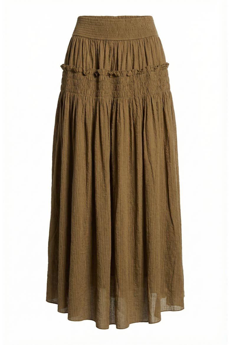 Smocked Tiered Ruffle-Trim Flowy Maxi Skirt, Alternate, color, Olive Green