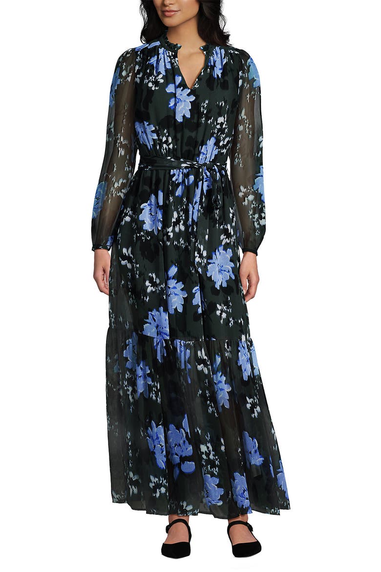 Chiffon Tiered Long Sleeve Maxi Dress, Alternate, color, Evening Forest Painted Floral
