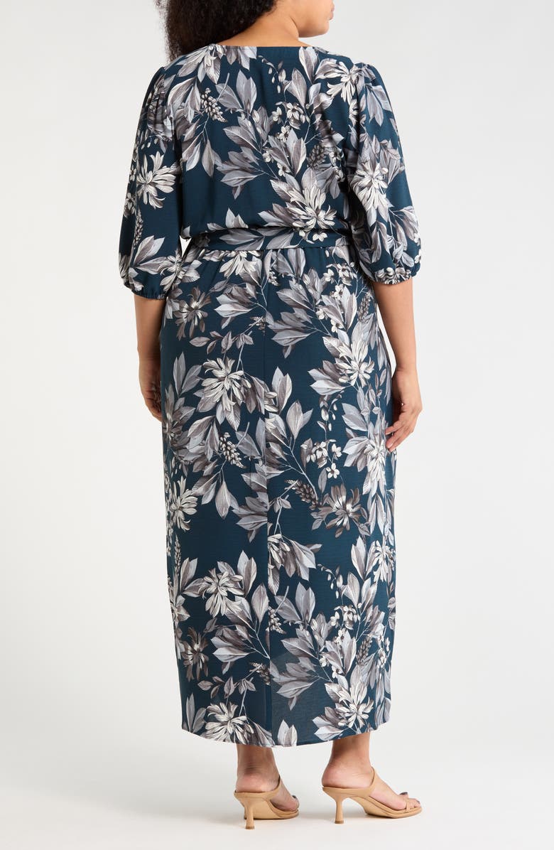 Connected Apparel Floral Puff Sleeve Wrap Midi Dress, Alternate, color, Dark Mallard