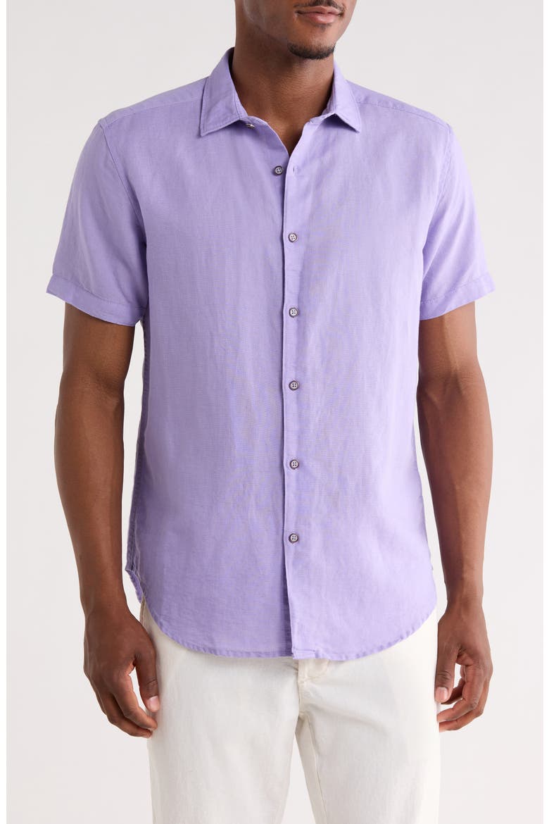 Davis Short Sleeve Linen Blend Button-Up Shirt, Main, color, PURPLE