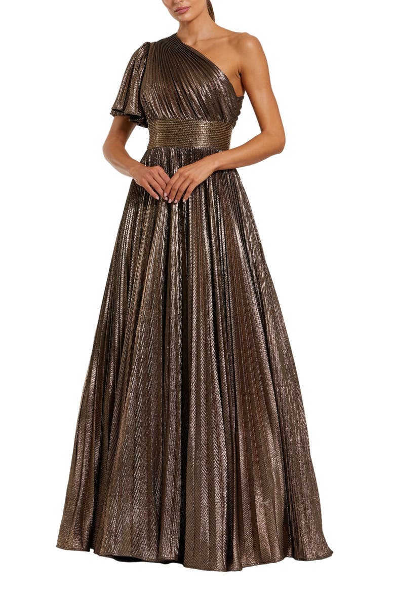 One Shoulder Pleated Metallic Ballgown, Main, color, Bronze