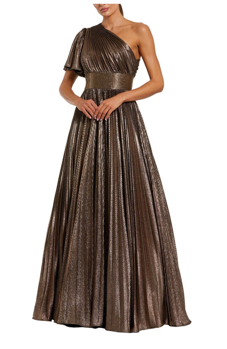 Mac Duggal One Shoulder Pleated Metallic Ballgown, Main, color, Bronze