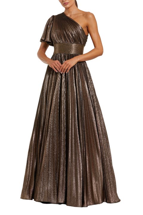 One Shoulder Pleated Metallic Ballgown