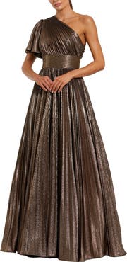 Mac Duggal One Shoulder Pleated Metallic Ballgown