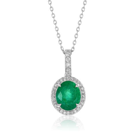 14K Gold 2.26cttw Oval-Cut Emerald & 0.17cttw Diamonds Pendant Necklace