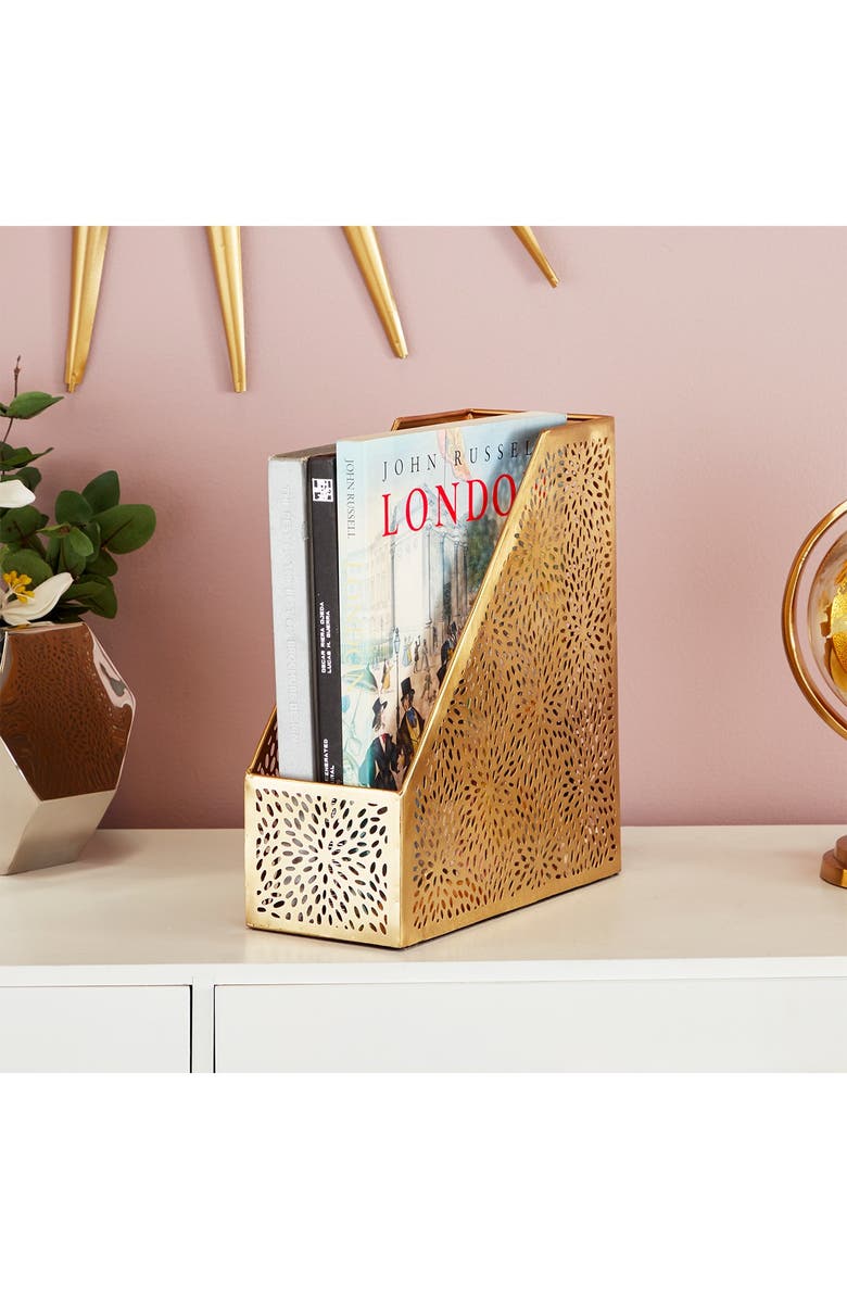 COSMO BY COSMOPOLITAN Goldtone Metal Glam Magazine Holder with Laser Carved Floral Design, Alternate, color, Gold