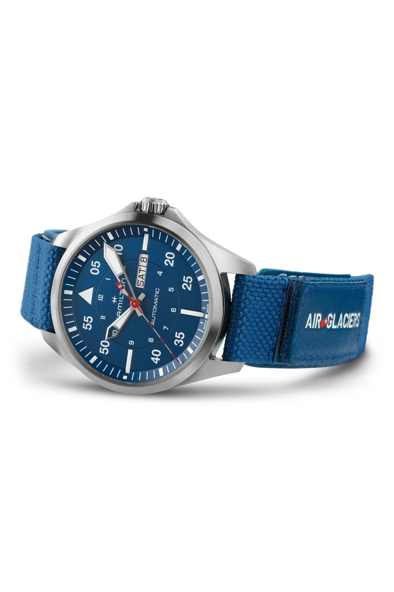 Khaki Aviation Pilot Automatic Leather Strap Watch, 42mm, Alternate, color, BLUE