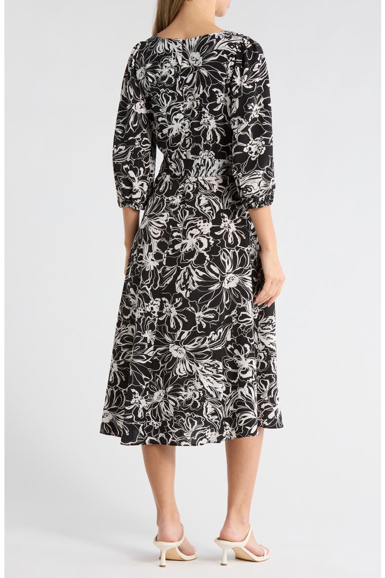 Surplice Three-Quarter Balloon Sleeve Midi Dress, Alternate, color, CAF FLORAL- BLACK/ IVORY