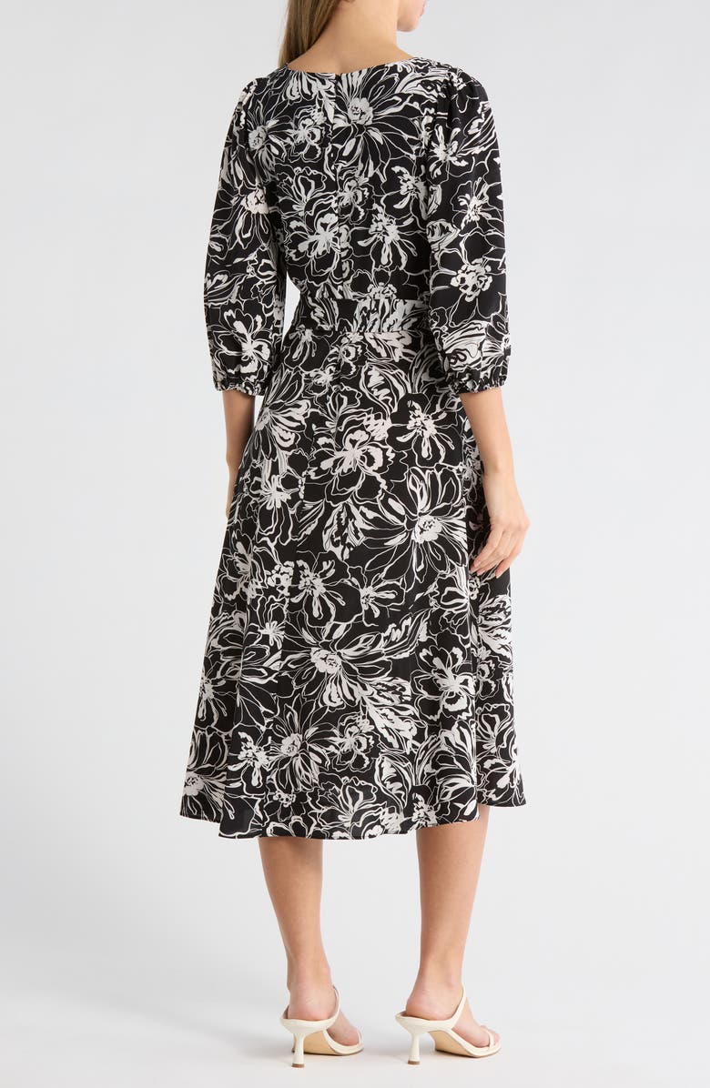 DKNY Surplice Three-Quarter Balloon Sleeve Midi Dress, Alternate, color, Caf Floral- Black/ Ivory