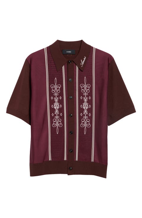 Paneled Short Sleeve Wool Blend Button-Up Sweater Shirt