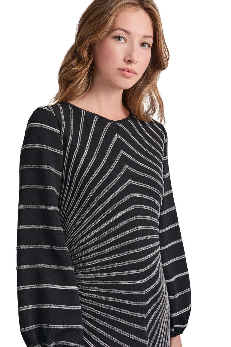 Soft Stripe Long Sleeve Melangé Knit A-Line Dress, Alternate, color, BLACK/ NEW IVORY