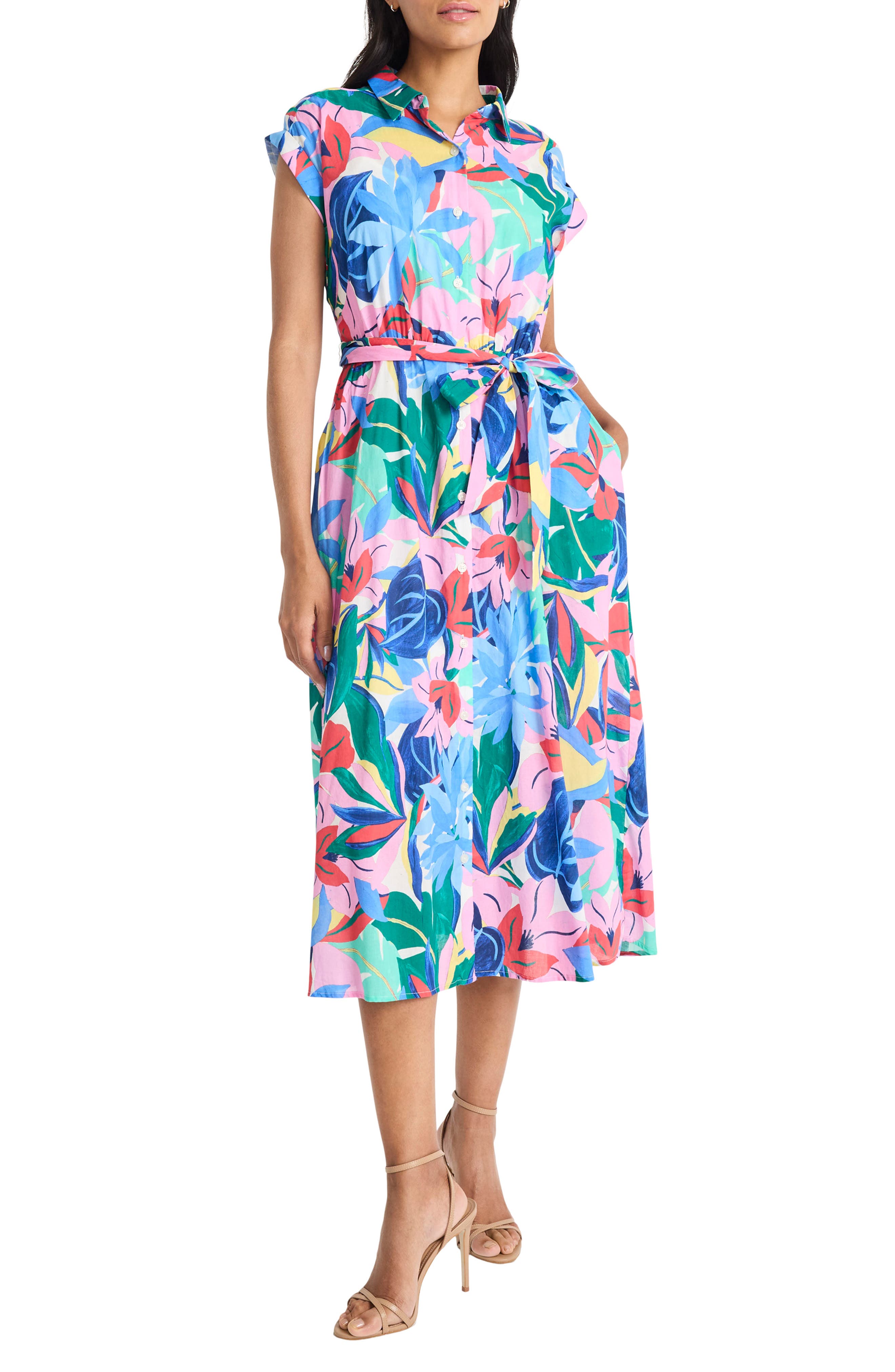 Maggy London Floral Cap Sleeve Cotton Voile Shirtdress