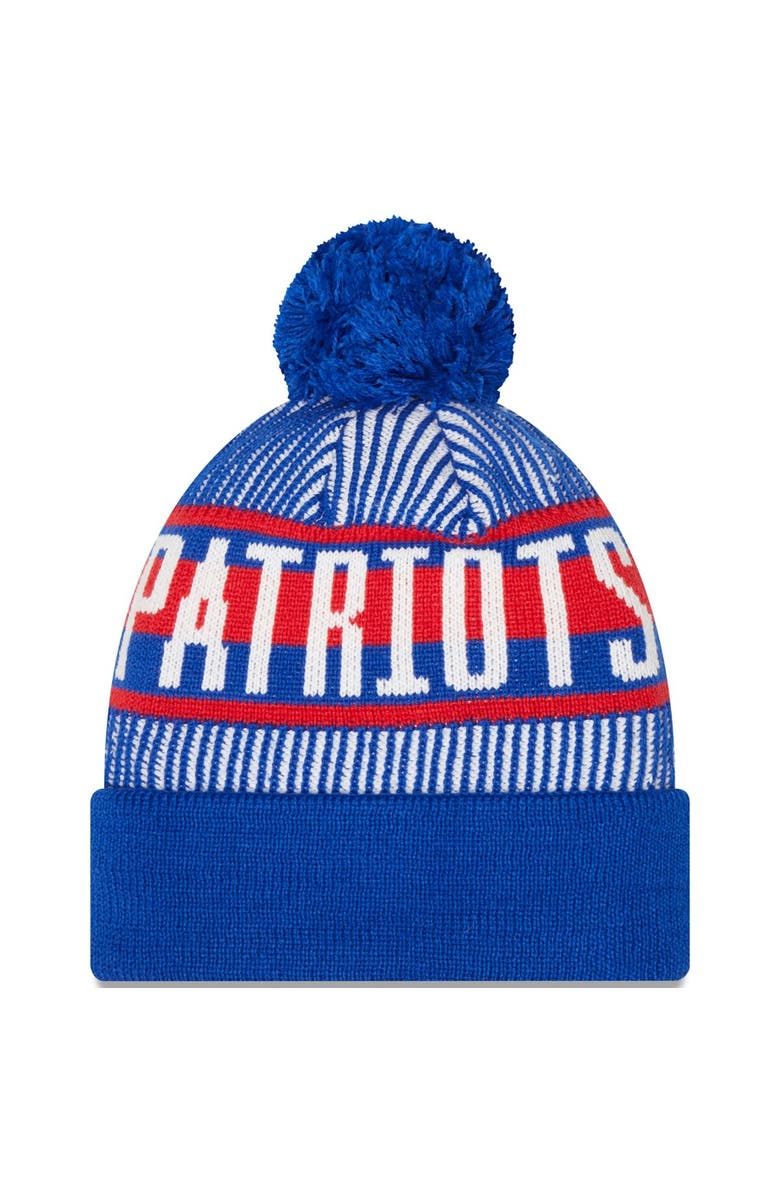 New Era Men's New Era Royal New England Patriots Striped Cuffed Knit Hat with Pom, Alternate, color,