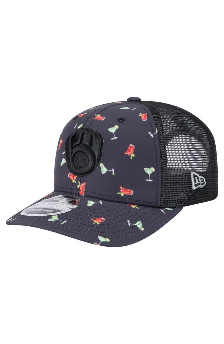 New Era Men's New Era Black Milwaukee Brewers Adventure Drinks Pattern 9SEVENTY Stretch-Snap Hat, Main, color, 