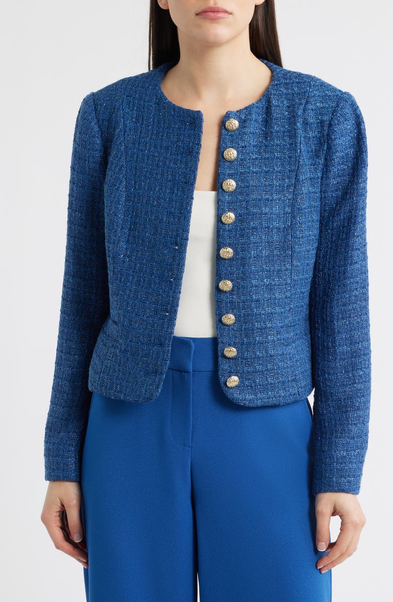 Tahari ASL Metallic Tweed Collarless Jacket, Main, color, Riverside Blue