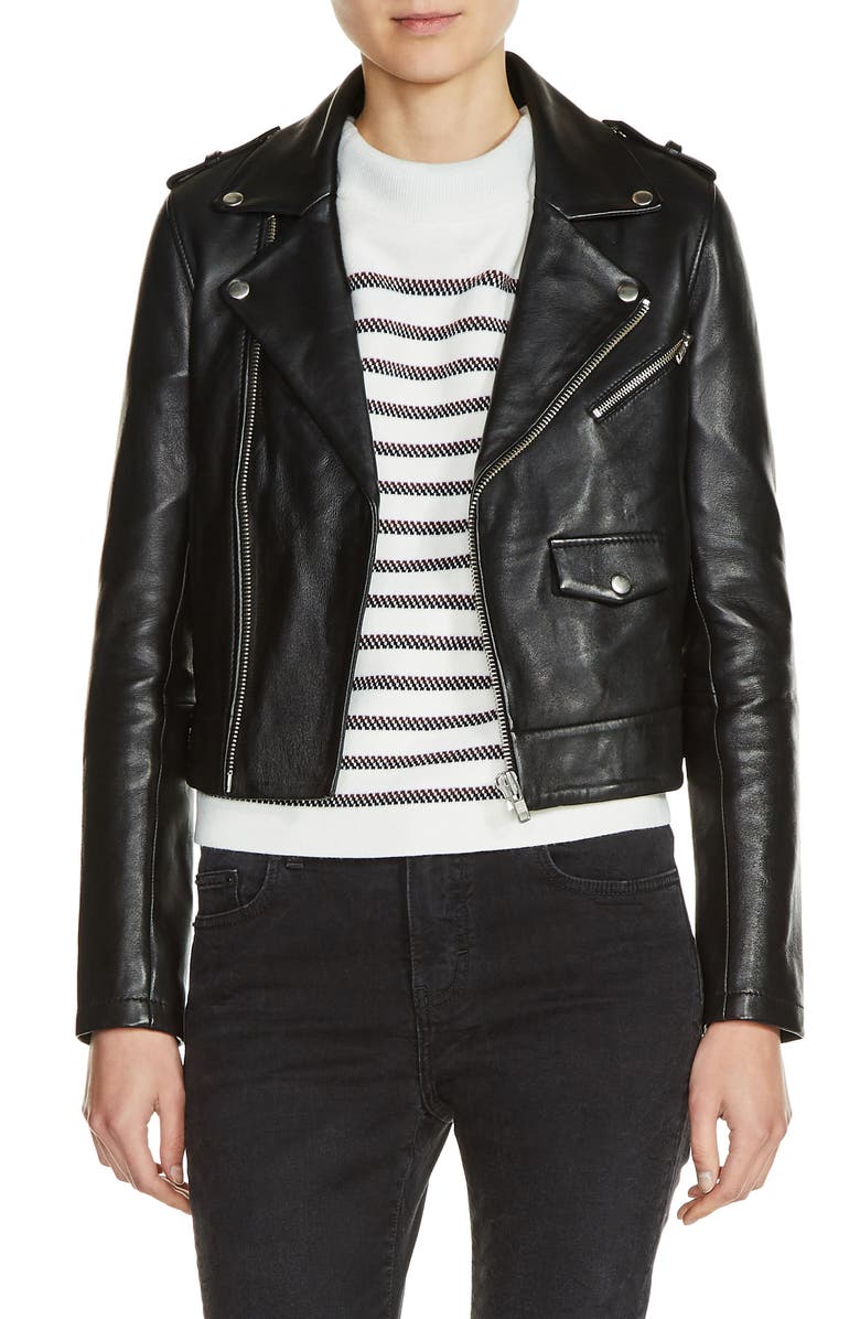 maje Lambskin Leather Moto Jacket, Main, color, 