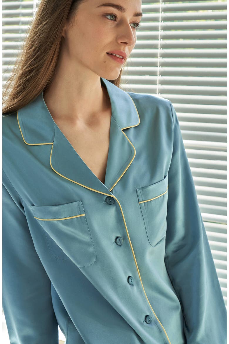 Women's Gold Piping Silk Pajamas Set, Alternate, color, Blue Haze