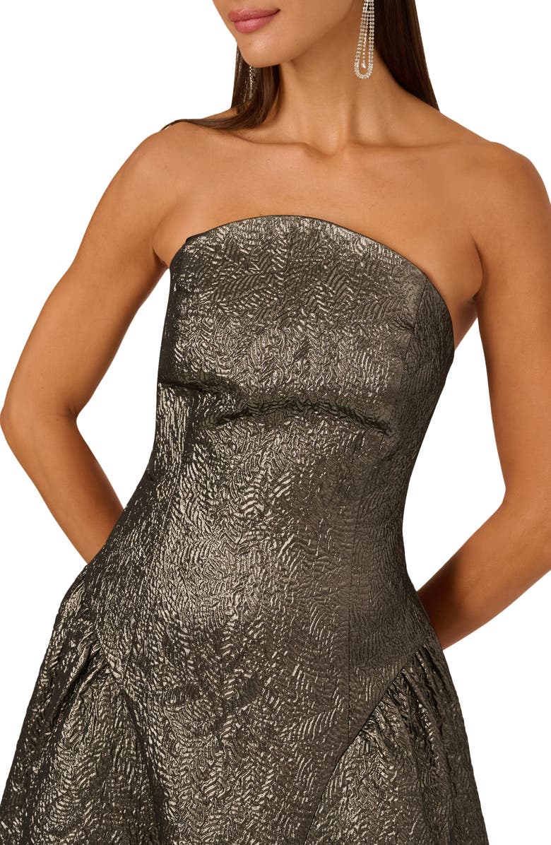 Adrianna Papell Metallic Jacquard Strapless Midi Dress, Alternate, color, Gunmetal
