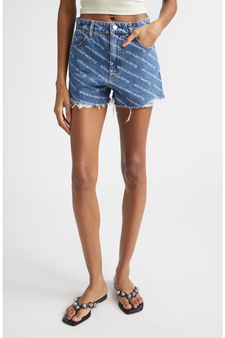 Bite Logo High Waist Cutoff Denim Shorts, Main, color, DEEP BLUE/WHITE