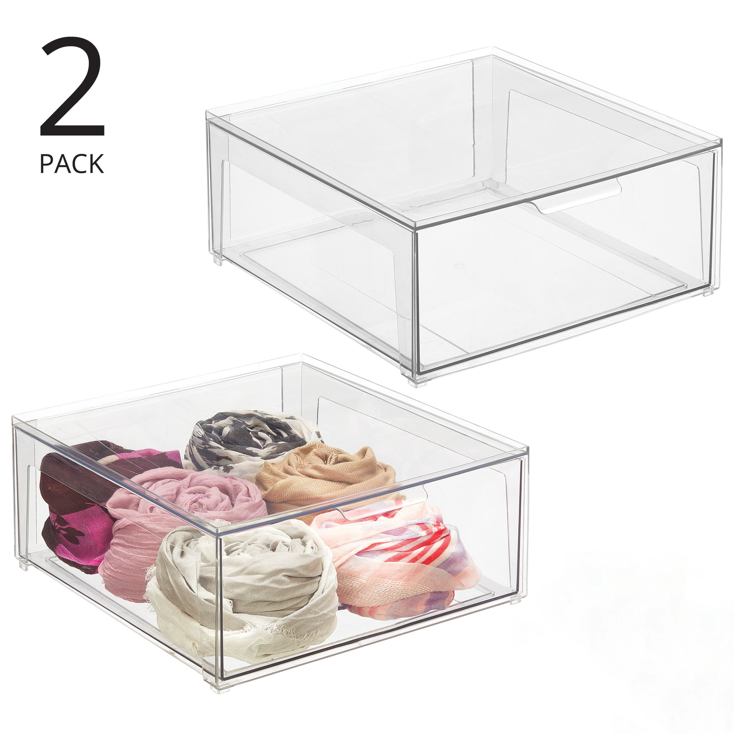 mDesign Plastic Stacking Closet Storage Organizer Bin with Drawer, 2 Pack, Clear 