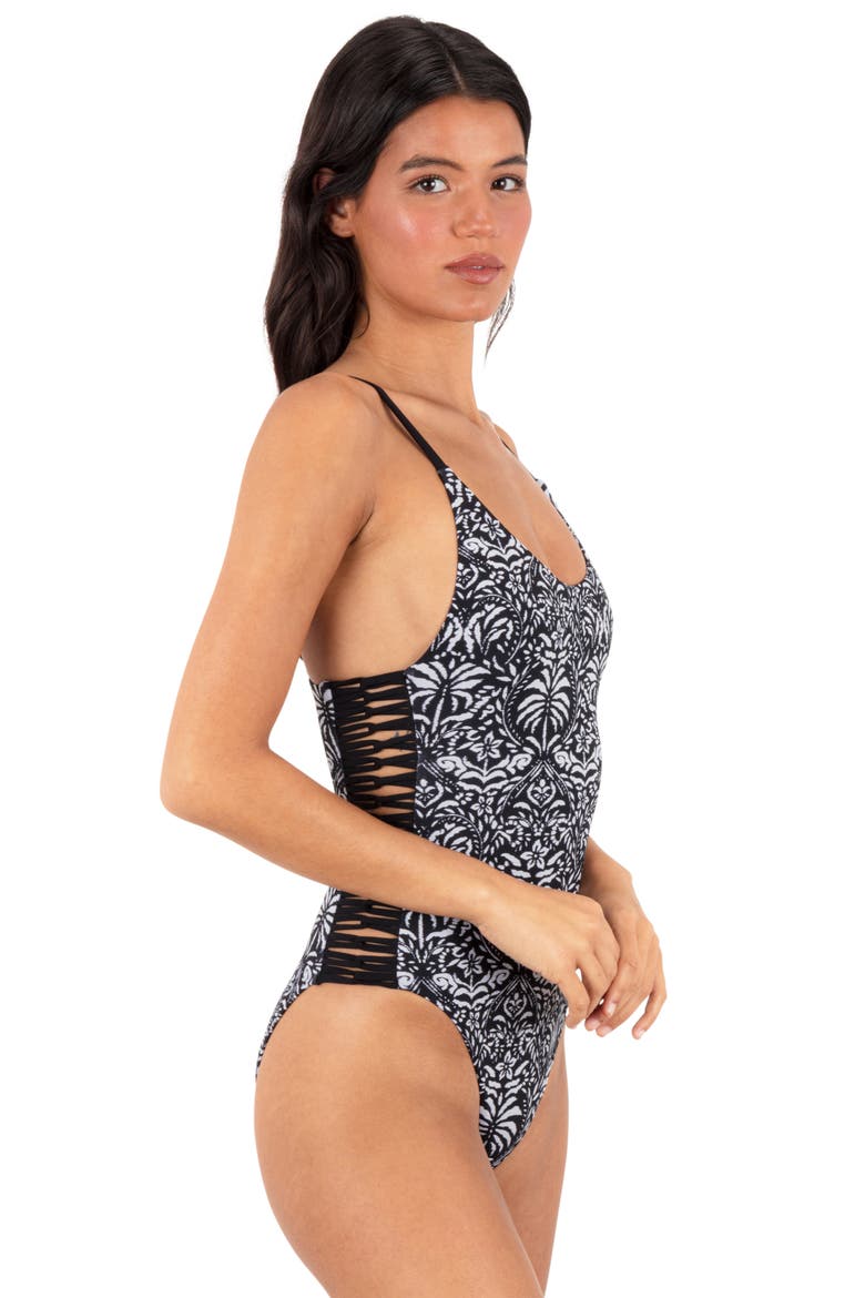 Ikat Palm One-Piece Swimsuit, Alternate, color, BLACK / COCONUT