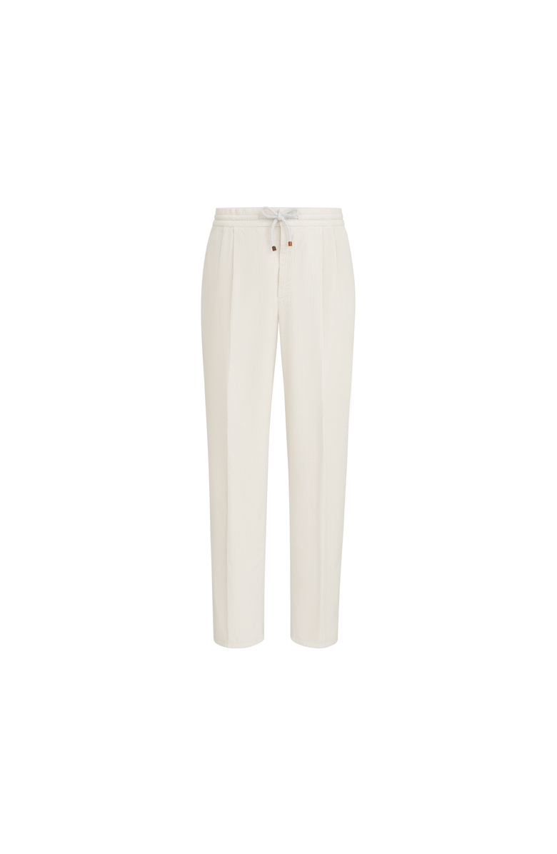 Brunello Cucinelli Garment-dyed trousers in cotton corduroy with drawstring and double pleats, Alternate, color, White