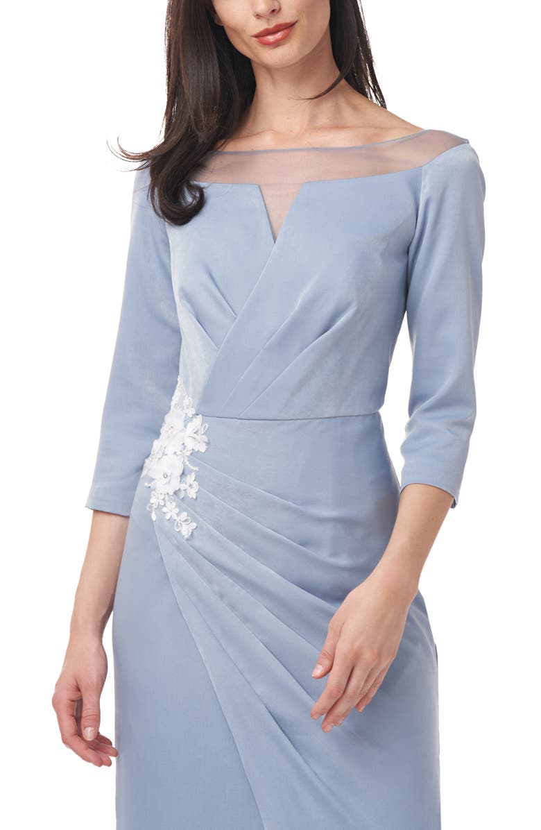 JS Collections Floral Appliqué Textured Charmeuse Sheath Midi Cocktail Dress, Alternate, color,